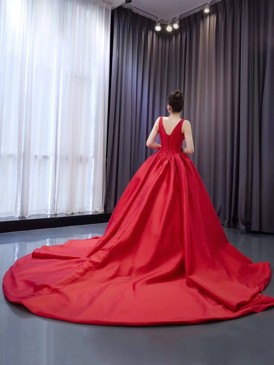 Red Satin Wedding Dress with Chapel Train V-Neck Ball Gown 241068-Quinceanera Dresses-Viniodress-Viniodress