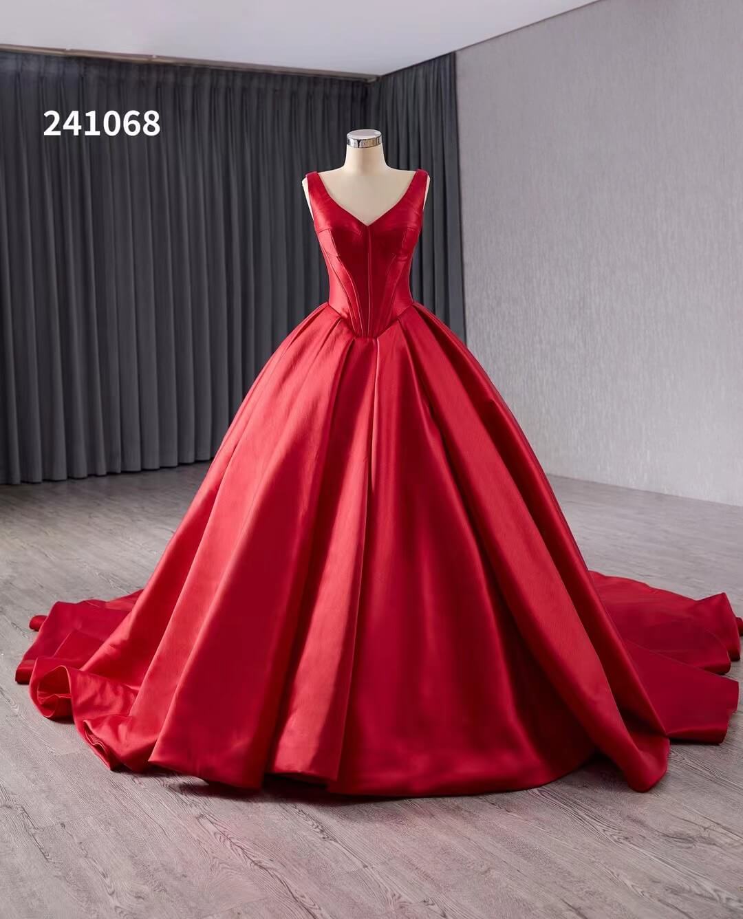 Red Satin Wedding Dress with Chapel Train V - Neck Ball Gown 241068 - ViniodressQuinceanera DressesRedCustom Size - Formal Dresses - Ball Gowns