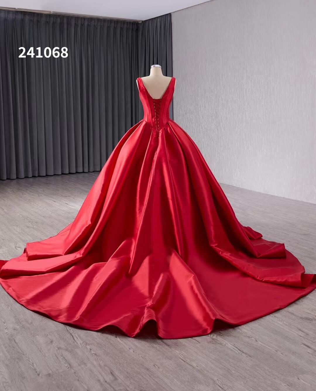 Red Satin Wedding Dress with Chapel Train V - Neck Ball Gown 241068 - ViniodressQuinceanera DressesRedCustom Size - Formal Dresses - Ball Gowns