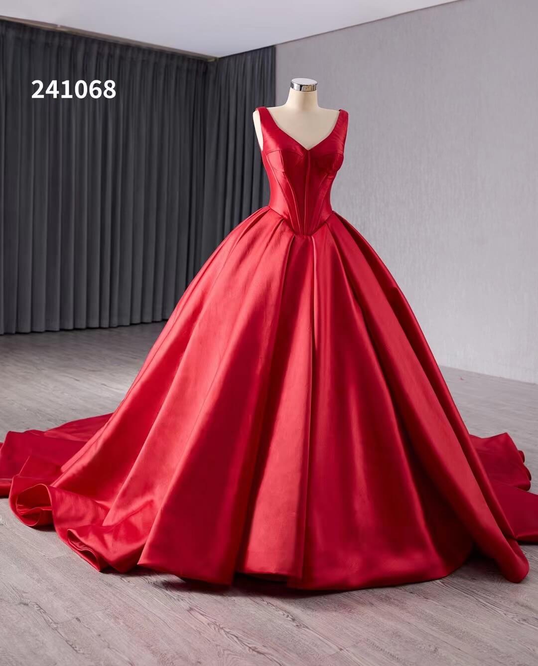 Red Satin Wedding Dress with Chapel Train V-Neck Ball Gown 241068-Quinceanera Dresses-Viniodress-Viniodress