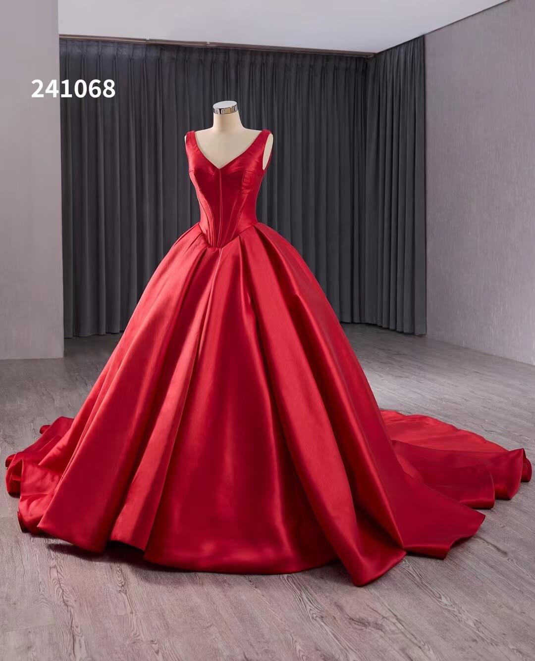 Red Satin Wedding Dress with Chapel Train V - Neck Ball Gown 241068 - ViniodressQuinceanera DressesRedCustom Size - Formal Dresses - Ball Gowns