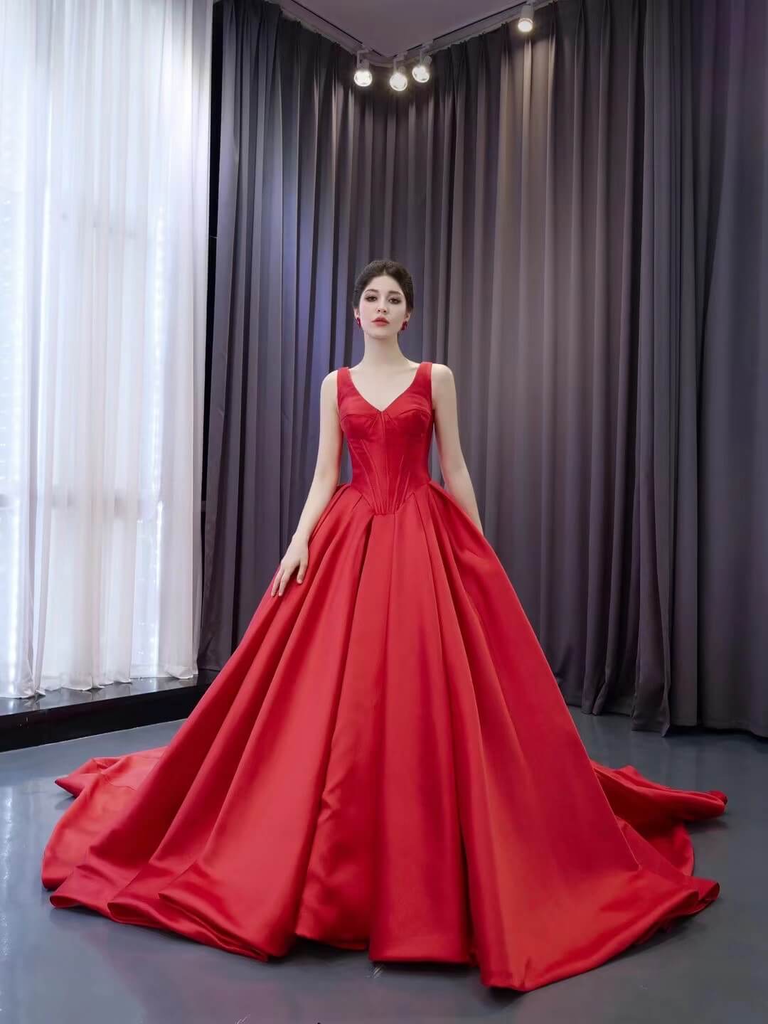 Red Satin Wedding Dress with Chapel Train V - Neck Ball Gown 241068 - ViniodressQuinceanera DressesRedCustom Size - Formal Dresses - Ball Gowns