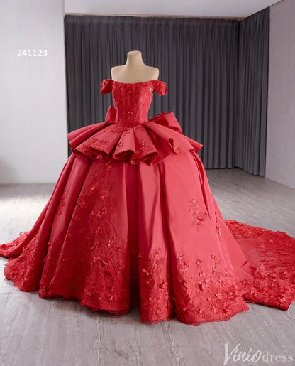 Red Satin Wedding Gown Off the Shoulder 3D Flower Quinceanera Dress 241123-Quinceanera Dresses 2025 -Viniodress-Red-Custom Size-