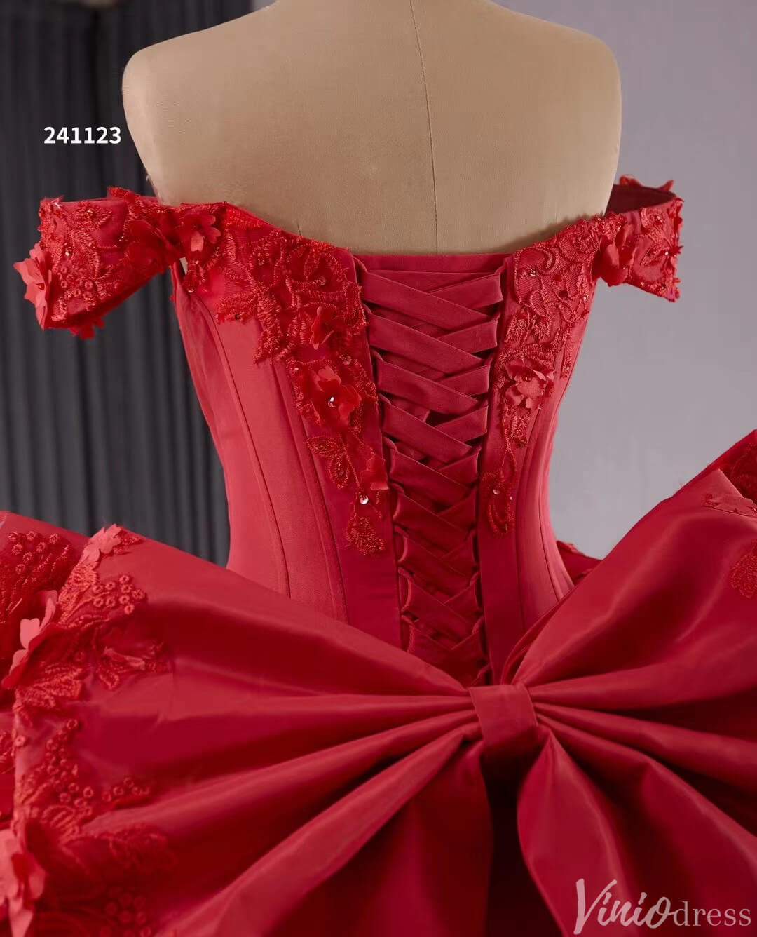 Red Satin Wedding Gown Off the Shoulder 3D Flower Quinceanera Dress 241123-Quinceanera Dresses 2025 -Viniodress-Red-Custom Size-