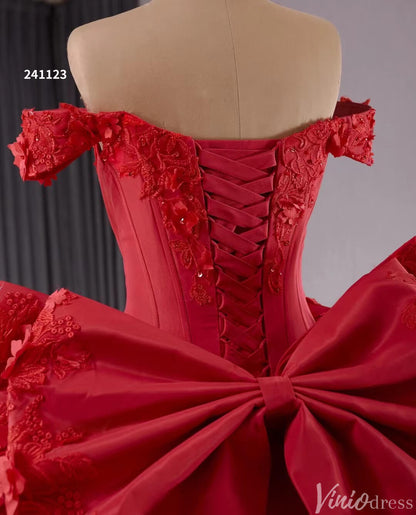 Red Satin Wedding Gown Off the Shoulder 3D Flower Quinceanera Dress 241123-Quinceanera Dresses 2025 -Viniodress-Red-Custom Size-