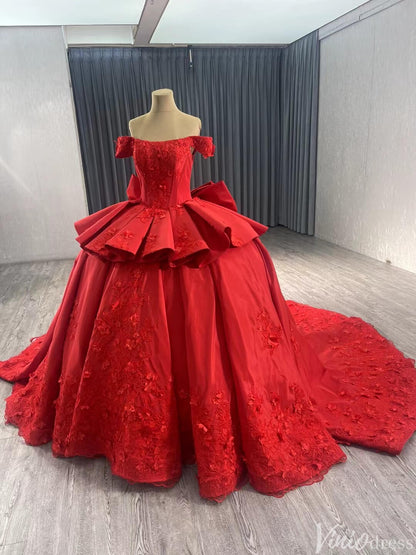 Red Satin Wedding Gown Off the Shoulder 3D Flower Quinceanera Dress 241123-Quinceanera Dresses 2025 -Viniodress-Red-Custom Size-