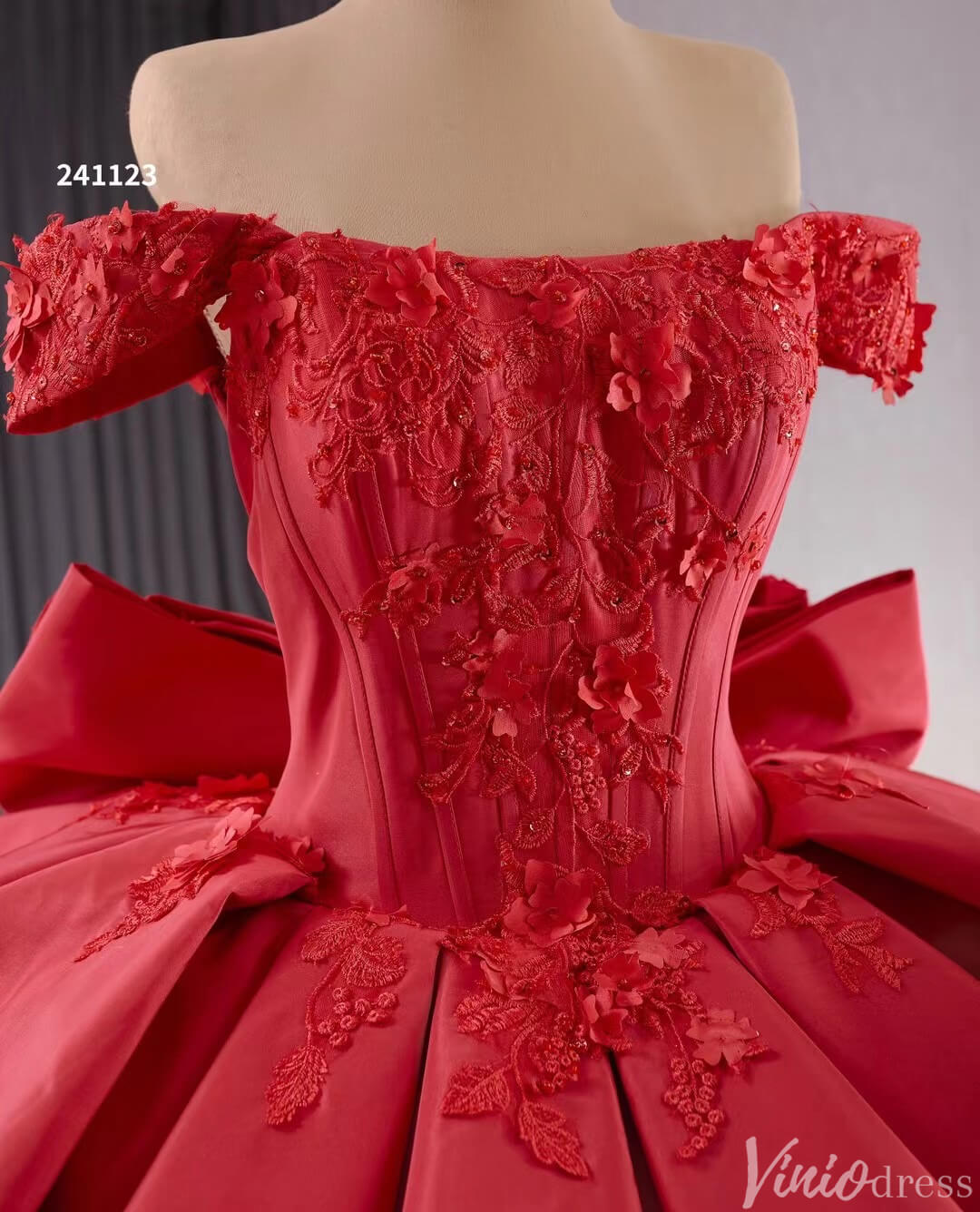 Red Satin Wedding Gown Off the Shoulder 3D Flower Quinceanera Dress 241123-Quinceanera Dresses-Viniodress-Viniodress