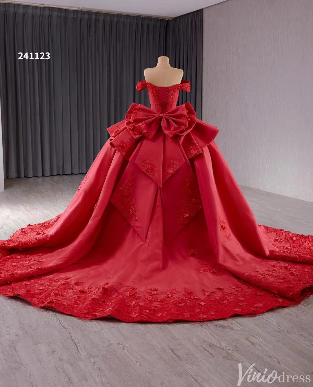 Red Satin Wedding Gown Off the Shoulder 3D Flower Quinceanera Dress 241123-Quinceanera Dresses-Viniodress-Viniodress