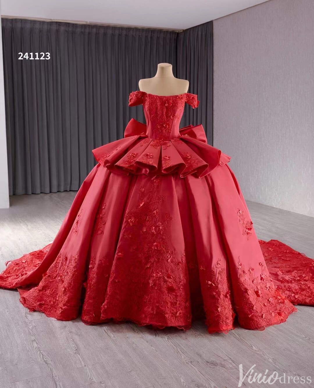 Red Satin Wedding Gown Off the Shoulder 3D Flower Quinceanera Dress 241123 - ViniodressQuinceanera DressesRedCustom Size - Formal Dresses - Ball Gowns