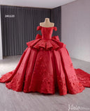 Red Satin Wedding Gown Off the Shoulder 3D Flower Quinceanera Dress 241123-Quinceanera Dresses-Viniodress-Viniodress