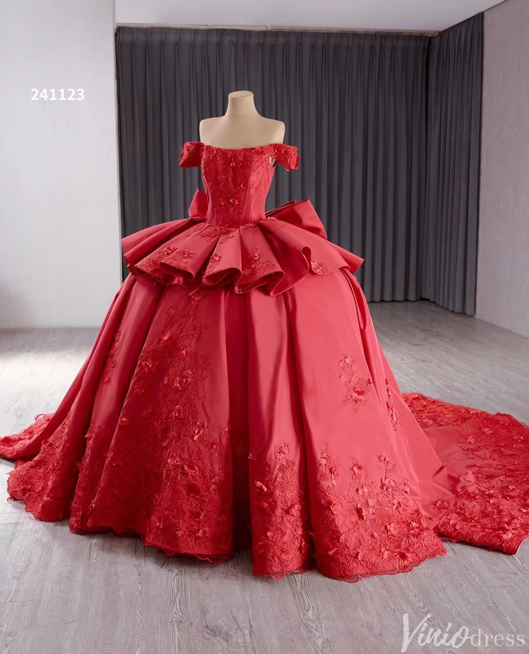 Red Satin Wedding Gown Off the Shoulder 3D Flower Quinceanera Dress 241123-Quinceanera Dresses-Viniodress-Viniodress