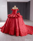 Red Satin Wedding Gown Off the Shoulder 3D Flower Quinceanera Dress 241123-Quinceanera Dresses-Viniodress-Viniodress