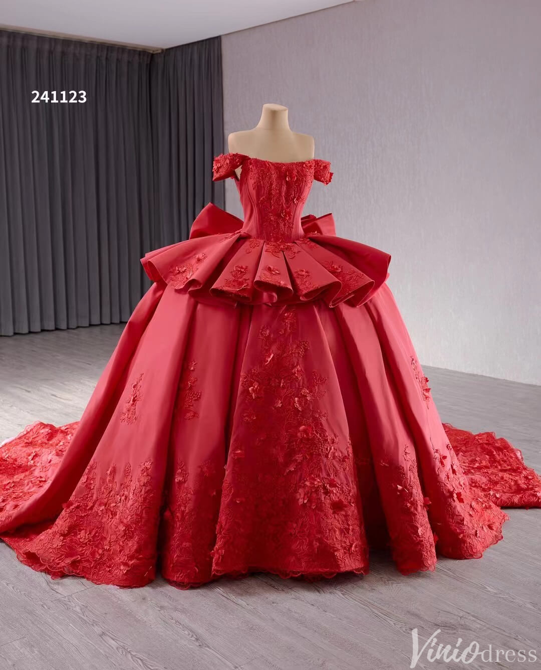 Red Satin Wedding Gown Off the Shoulder 3D Flower Quinceanera Dress 241123 - ViniodressQuinceanera DressesRedCustom Size - Formal Dresses - Ball Gowns