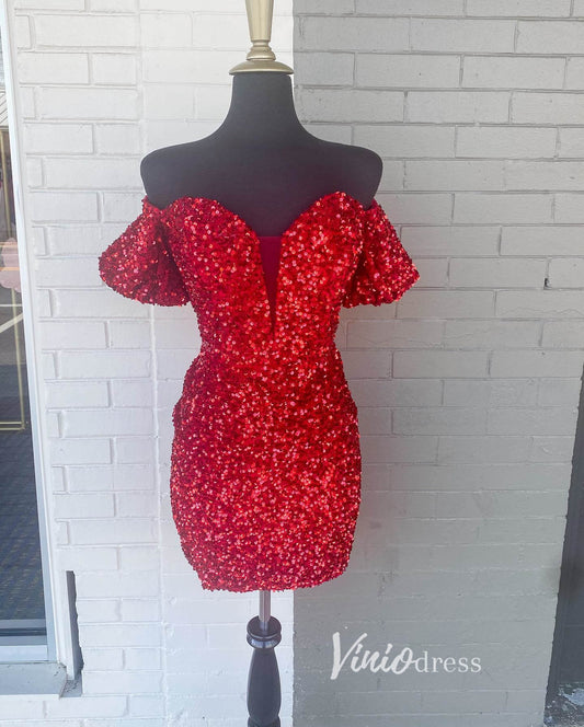 Red Sequin Homecoming Dresses Off the Shoulder Mini Cocktail Dress SD1519-Homecoming Dresses 2025 -Viniodress-Red-Custom Size-