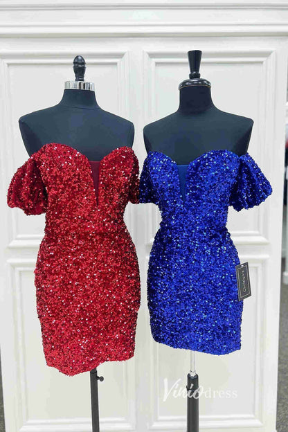 Red Sequin Homecoming Dresses Off the Shoulder Mini Cocktail Dress SD1519-Homecoming Dresses 2025 -Viniodress-Red-Custom Size-