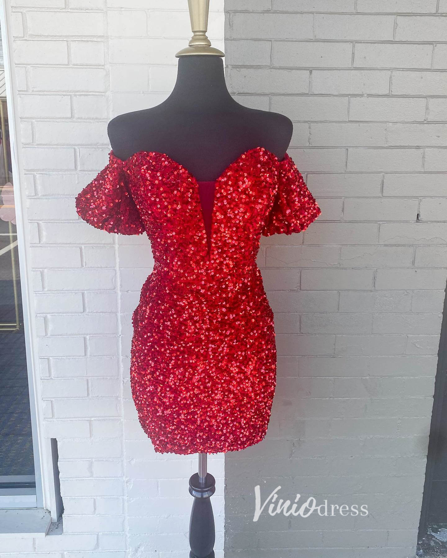 Red Sequin Homecoming Dresses Off the Shoulder Mini Cocktail Dress SD1519-Homecoming Dresses 2025 -Viniodress-Red-Custom Size-