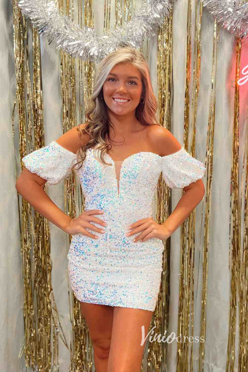 Red Sequin Homecoming Dresses Off the Shoulder Mini Cocktail Dress SD1519-Homecoming Dresses 2025 -Viniodress-White-Custom Size-