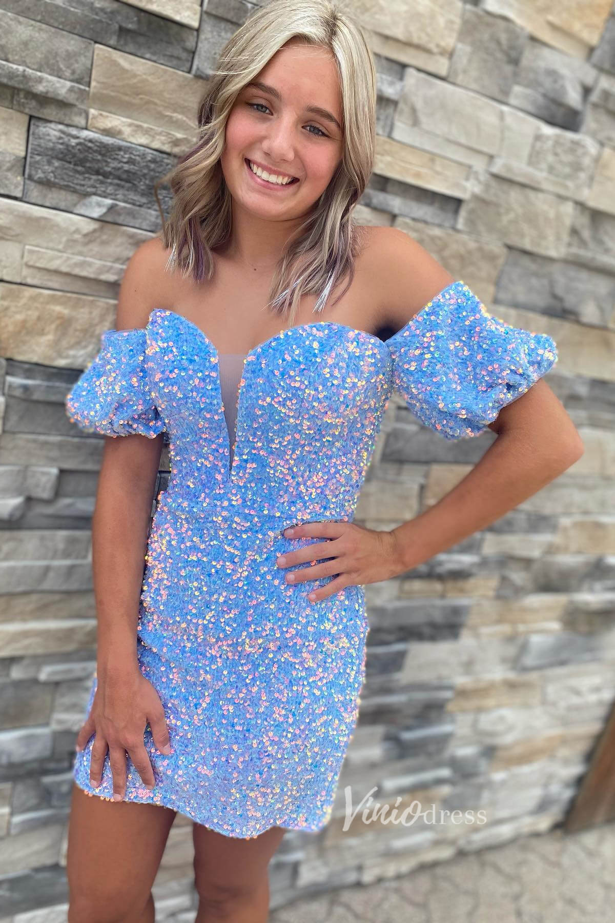 Short Prom Dresses 2025 Red Sequin Homecoming Dresses Off the Shoulder Mini Cocktail Dress SD1519-homecoming dresses-Viniodress-Light Blue-Custom Size-Viniodress