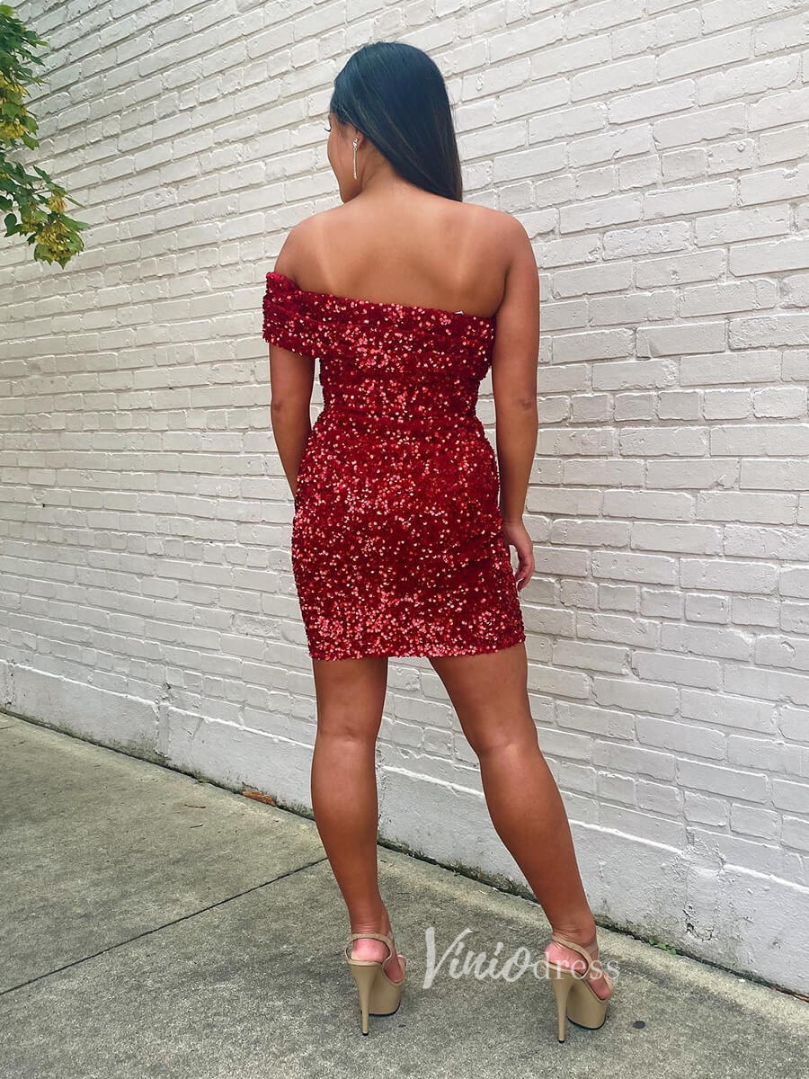 Red Sequin Homecoming Dresses One Shoulder Cocktail Dress SD1517-Homecoming Dresses 2025 -Viniodress-Red-Custom Size-