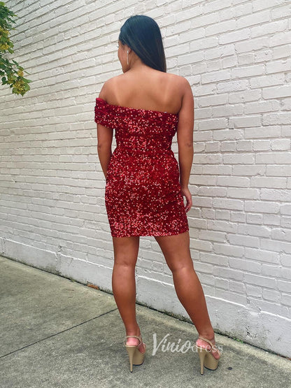 Red Sequin Homecoming Dresses One Shoulder Cocktail Dress SD1517-Homecoming Dresses 2025 -Viniodress-Red-Custom Size-