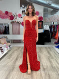 Red Sequin Mermaid Prom Dresses with Slit Sweetheart Neck FD4059