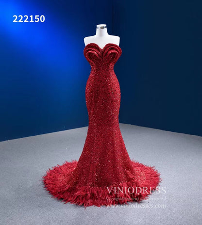 Red Sequin Pageant Dresses Strapless Mermaid Evening Gown 222150-prom dresses 2025 -Viniodress-Red-Custom Size-