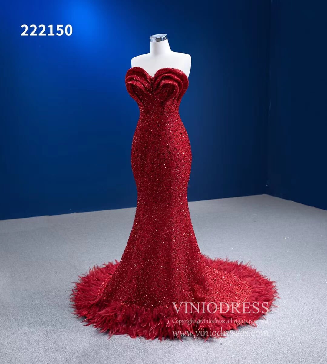 Red Sequin Pageant Dresses Strapless Mermaid Evening Gown 222150-prom dresses 2025 -Viniodress-Red-Custom Size-