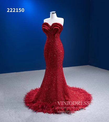 Red Sequin Pageant Dresses Strapless Mermaid Evening Gown 222150-prom dresses 2025 -Viniodress-Red-Custom Size-