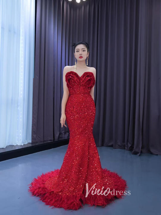 Red Sequin Pageant Dresses Strapless Mermaid Evening Gown 222150-prom dresses 2025 -Viniodress-Red-Custom Size-