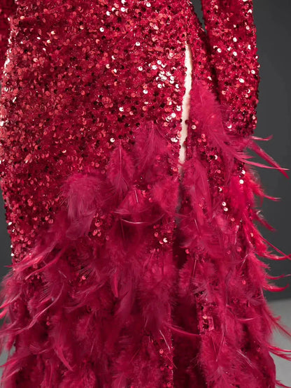 Red Sequin Prom Dress Long Sleeve High Slit Feather Pageant Dress 67125-prom dresses 2025 -Viniodress-Red-Custom Size-