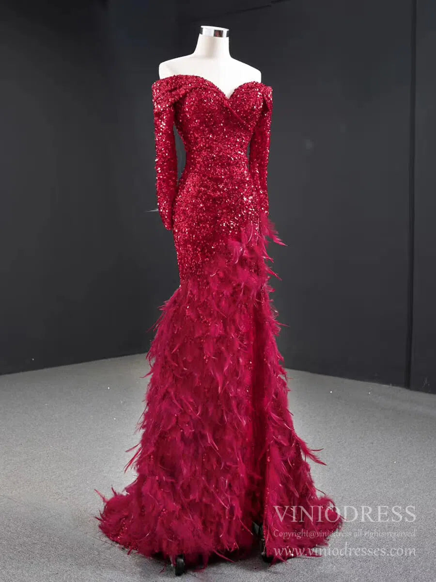Red Sequin Prom Dress Long Sleeve High Slit Feather Pageant Dress 67125-prom dresses 2025 -Viniodress-Red-Custom Size-
