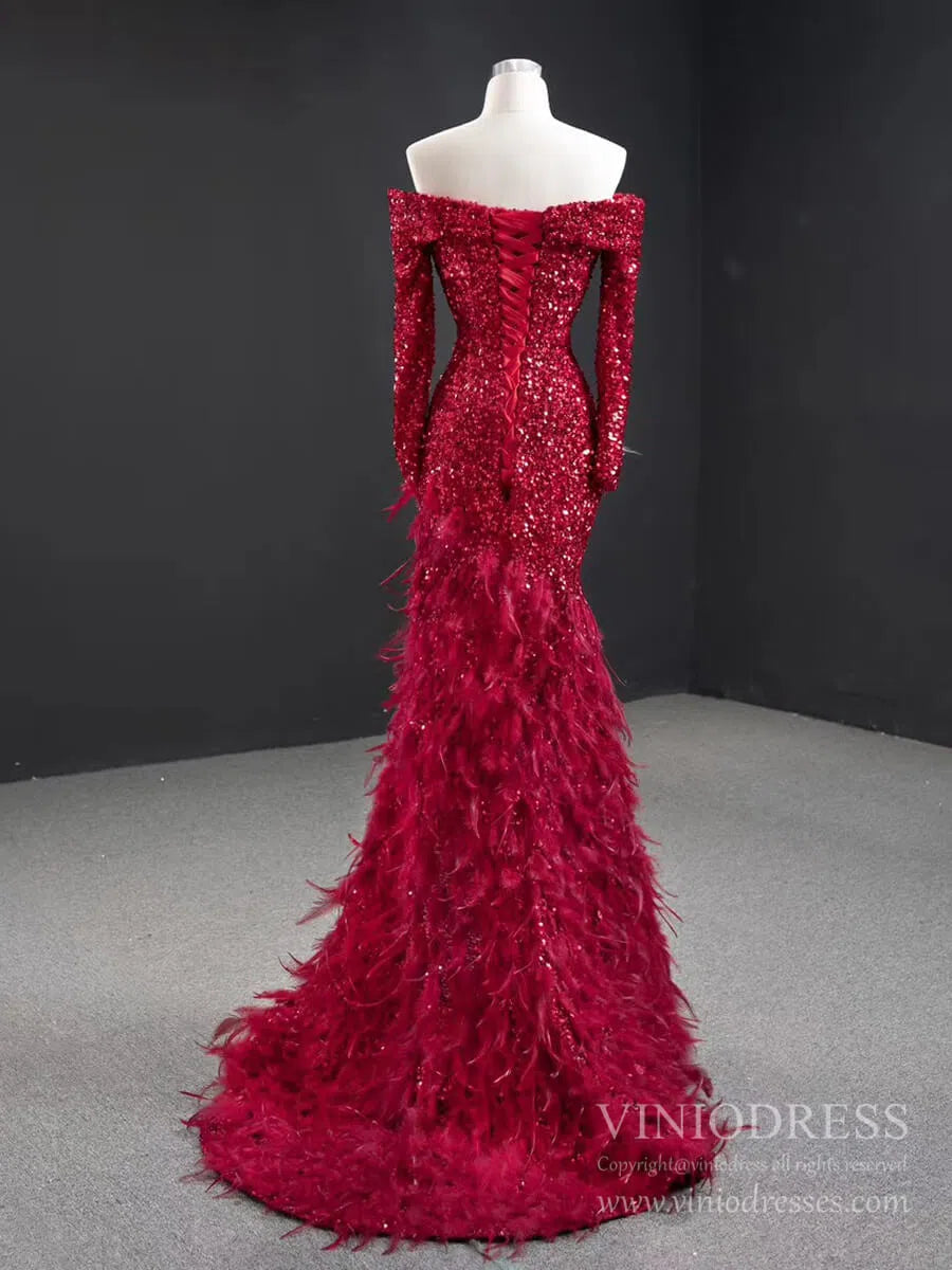 Red Sequin Prom Dress Long Sleeve High Slit Feather Pageant Dress 67125-prom dresses 2025 -Viniodress-Red-Custom Size-