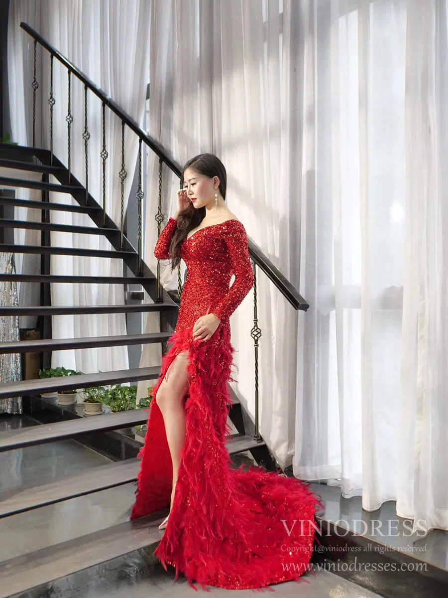 Red Sequin Prom Dress Long Sleeve High Slit Feather Pageant Dress 67125-prom dresses 2025 -Viniodress-Red-Custom Size-
