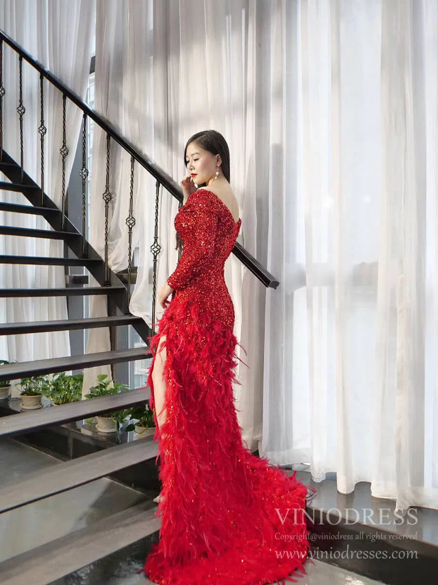 Red Sequin Prom Dress Long Sleeve High Slit Feather Pageant Dress 67125-prom dresses 2025 -Viniodress-Red-Custom Size-