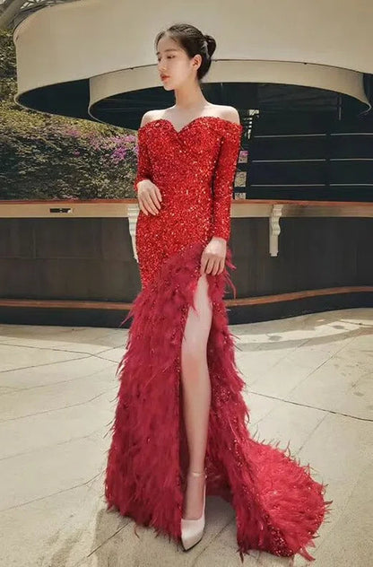 Red Sequin Prom Dress Long Sleeve High Slit Feather Pageant Dress 67125-prom dresses 2025 -Viniodress-Red-Custom Size-
