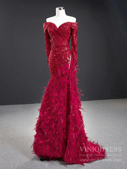 Red Sequin Prom Dress Long Sleeve High Slit Feather Pageant Dress 67125-prom dresses 2025 -Viniodress-Red-Custom Size-