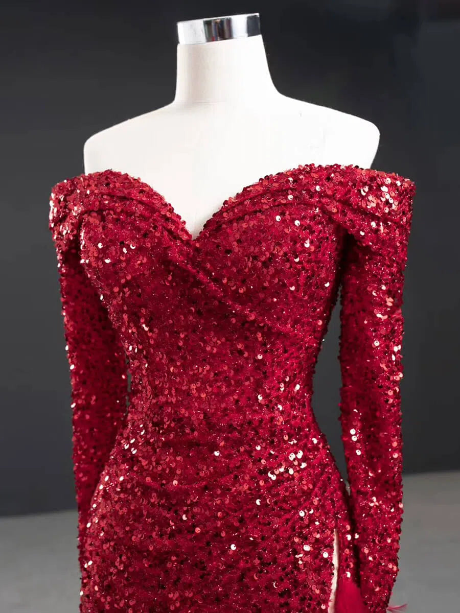 Red Sequin Prom Dress Long Sleeve High Slit Feather Pageant Dress 67125-prom dresses 2025 -Viniodress-Red-Custom Size-