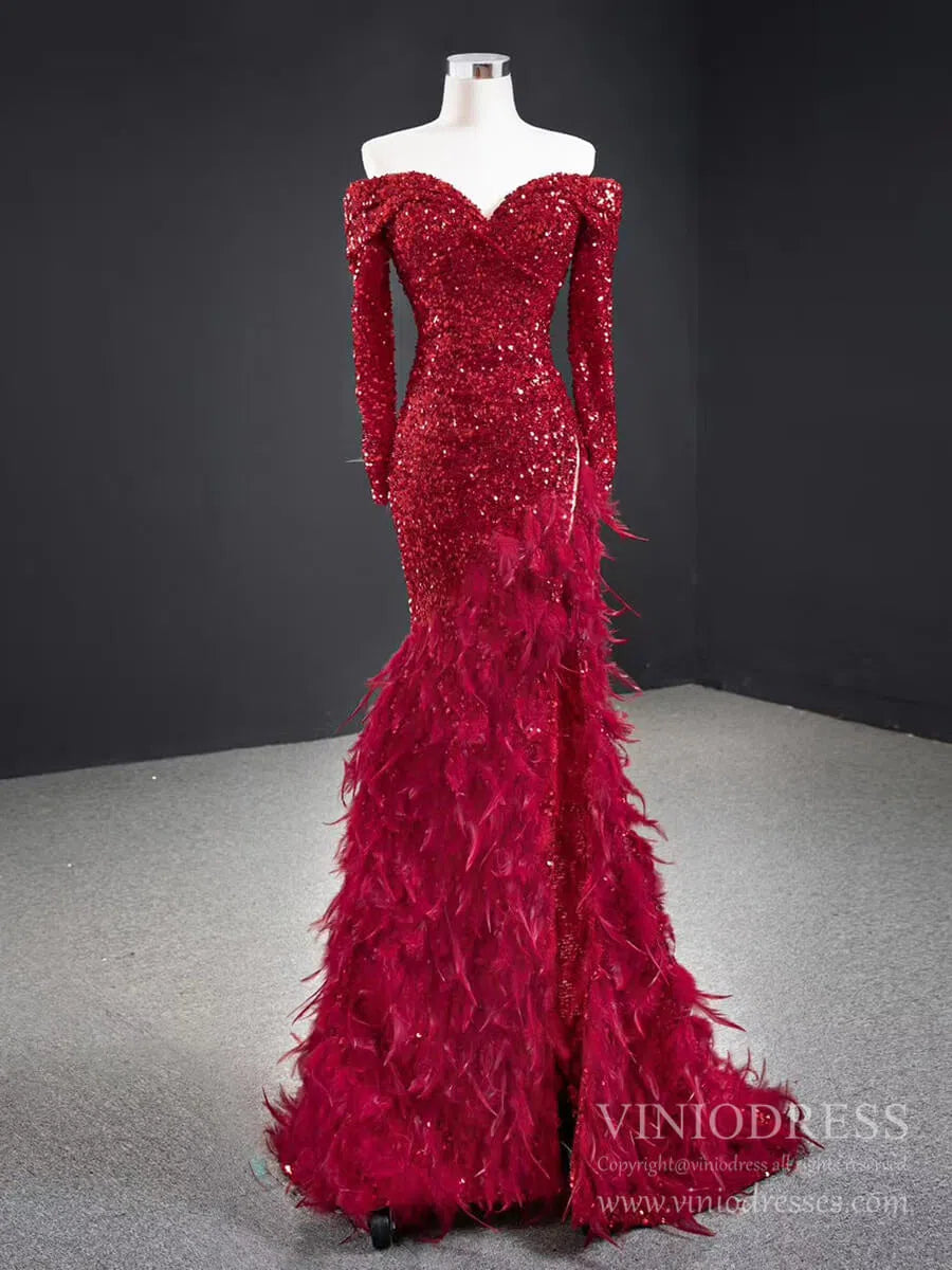 Red Sequin Prom Dress Long Sleeve High Slit Feather Pageant Dress 67125-prom dresses 2025 -Viniodress-Red-Custom Size-