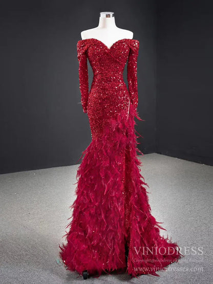 Red Sequin Prom Dress Long Sleeve High Slit Feather Pageant Dress 67125-prom dresses 2025 -Viniodress-Red-Custom Size-