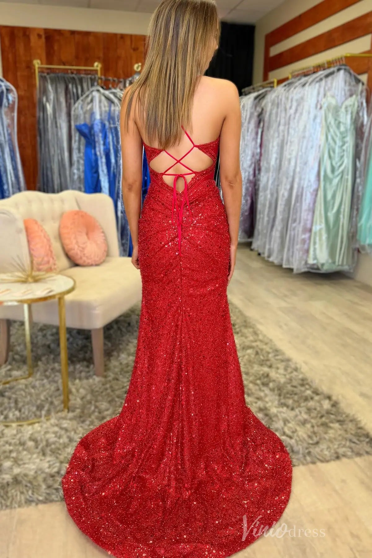 Red Sequin Prom Dress with Sweetheart Corset Bodice, Spaghetti Straps, Ruched Skirt, and Lace-Up Back – SS075-prom dresses 2025 -Viniodress-Red-Custom Size-