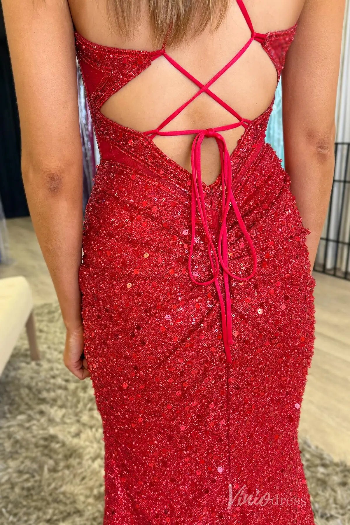 Red Sequin Prom Dress with Sweetheart Corset Bodice, Spaghetti Straps, Ruched Skirt, and Lace-Up Back – SS075-prom dresses 2025 -Viniodress-Red-Custom Size-