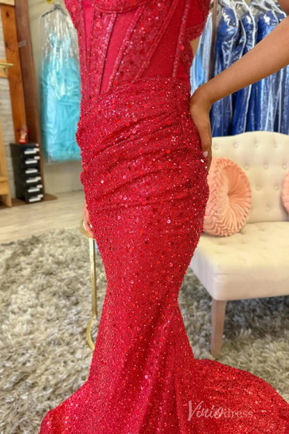Red Sequin Prom Dress with Sweetheart Corset Bodice, Spaghetti Straps, Ruched Skirt, and Lace-Up Back – SS075-prom dresses 2025 -Viniodress-Red-Custom Size-