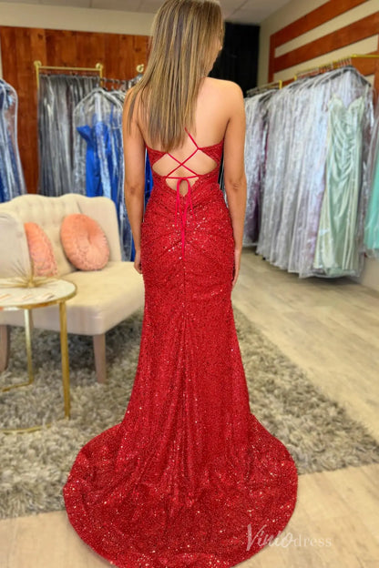 Red Sequin Prom Dress with Sweetheart Corset Bodice, Spaghetti Straps, Ruched Skirt, and Lace-Up Back – SS075-prom dresses 2025 -Viniodress-Red-Custom Size-