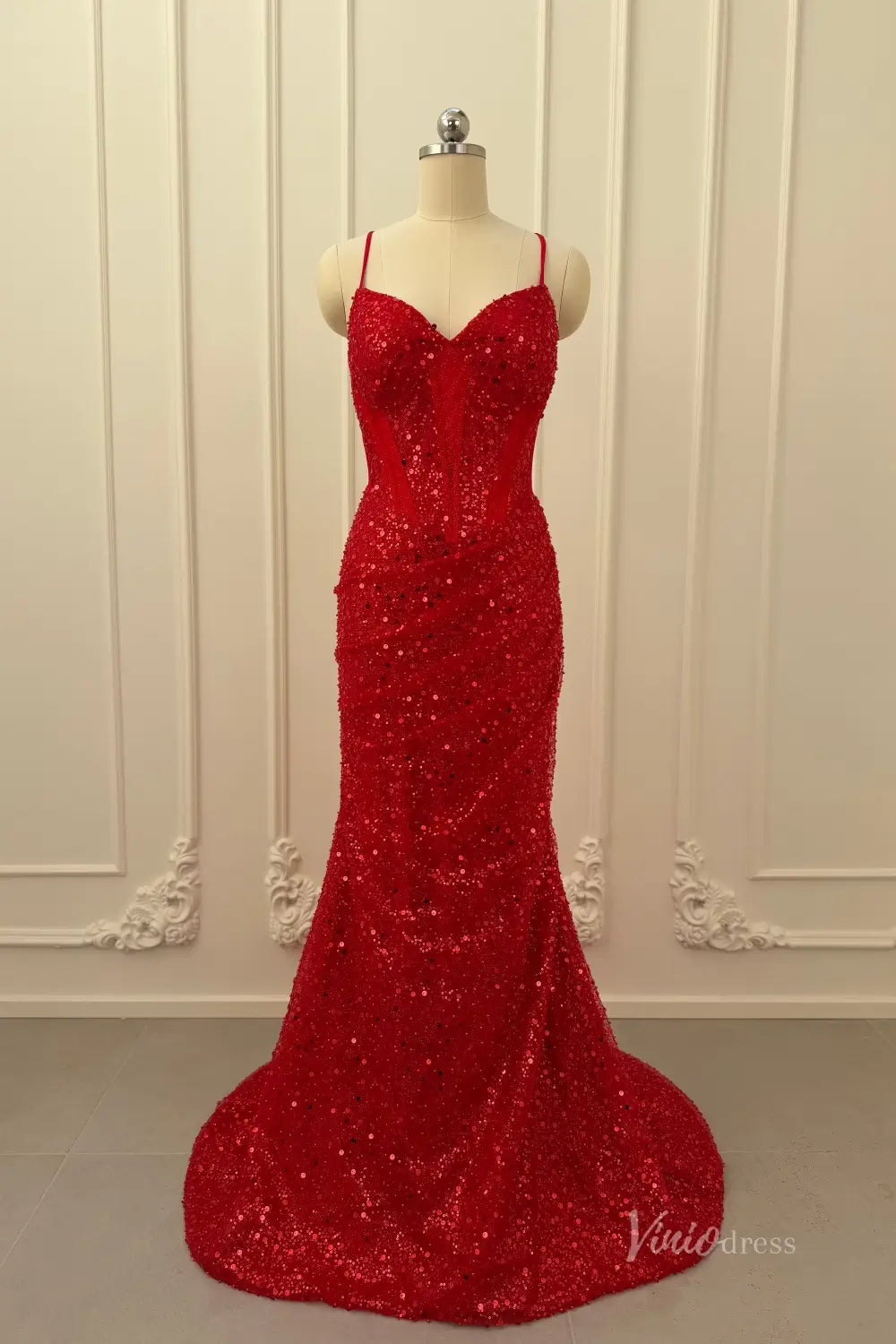 Red Sequin Prom Dress with Sweetheart Corset Bodice, Spaghetti Straps, Ruched Skirt, and Lace-Up Back – SS075-prom dresses 2026-Viniodress-Red-Custom Size – Add Measurements in Cart-