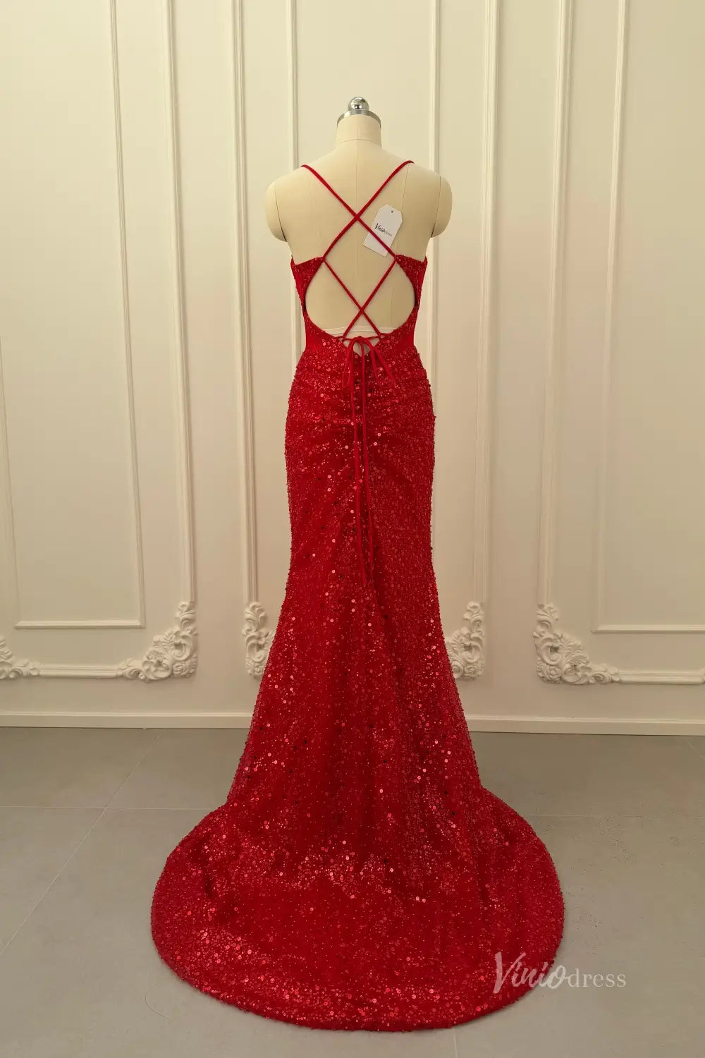 Red Sequin Prom Dress with Sweetheart Corset Bodice, Spaghetti Straps, Ruched Skirt, and Lace-Up Back – SS075-prom dresses 2026-Viniodress-Red-Custom Size – Add Measurements in Cart-