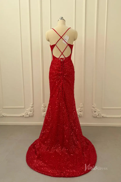 Red Sequin Prom Dress with Sweetheart Corset Bodice, Spaghetti Straps, Ruched Skirt, and Lace-Up Back – SS075-prom dresses 2026-Viniodress-Red-Custom Size – Add Measurements in Cart-