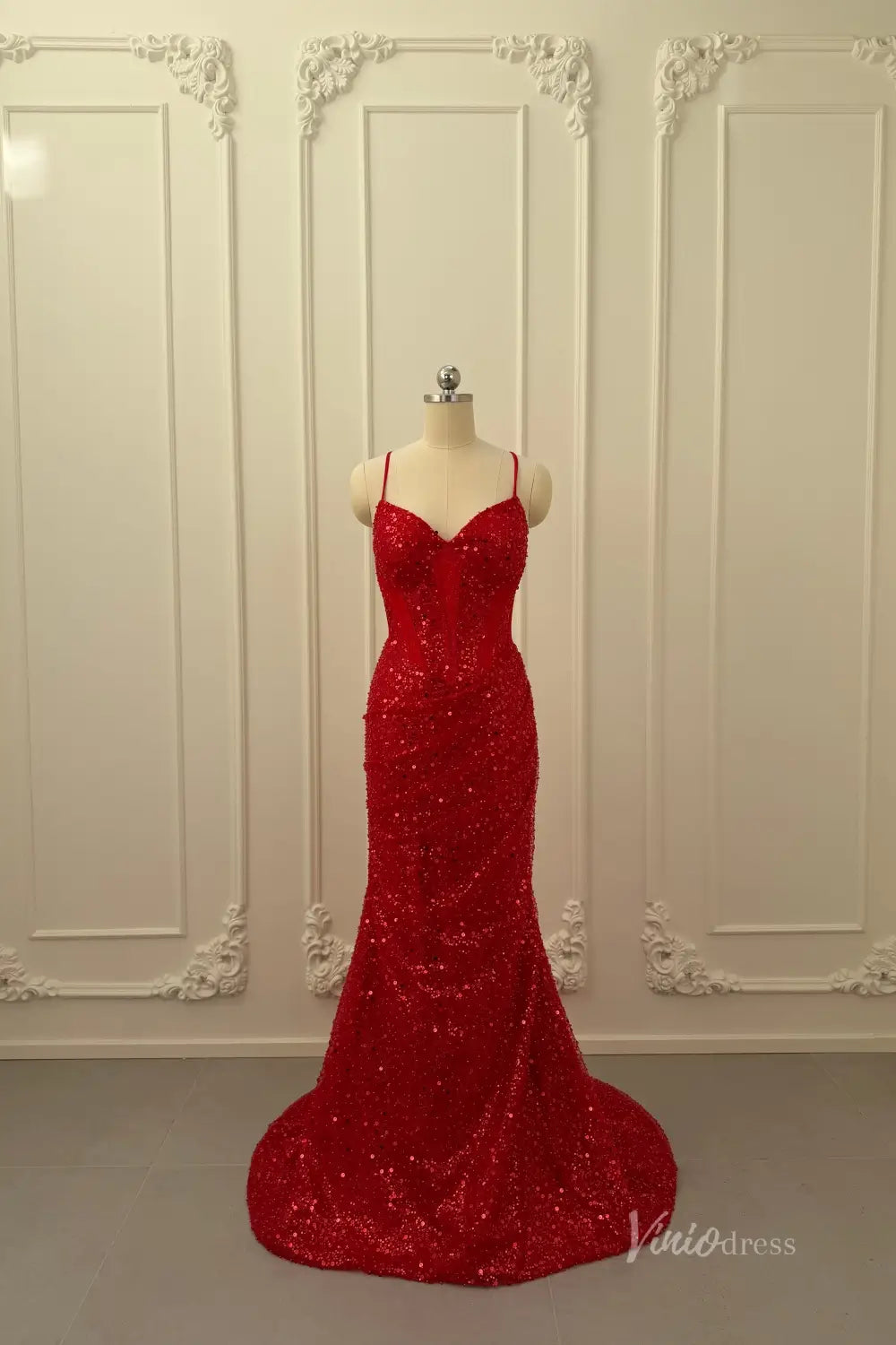 Red Sequin Prom Dress with Sweetheart Corset Bodice, Spaghetti Straps, Ruched Skirt, and Lace-Up Back – SS075-prom dresses 2026-Viniodress-Red-Custom Size – Add Measurements in Cart-