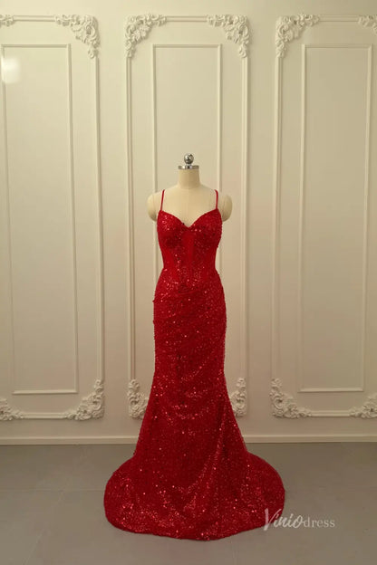 Red Sequin Prom Dress with Sweetheart Corset Bodice, Spaghetti Straps, Ruched Skirt, and Lace-Up Back – SS075-prom dresses 2026-Viniodress-Red-Custom Size – Add Measurements in Cart-