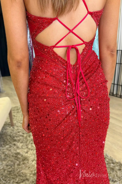 Red Sequin Prom Dress with Sweetheart Corset Bodice, Spaghetti Straps, Ruched Skirt, and Lace-Up Back – SS075-prom dresses 2025 -Viniodress-Red-Custom Size-