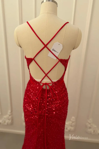 Red Sequin Prom Dress with Sweetheart Corset Bodice, Spaghetti Straps, Ruched Skirt, and Lace-Up Back – SS075-prom dresses 2026-Viniodress-Red-Custom Size – Add Measurements in Cart-